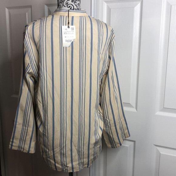 Zara Blouse Blue Cream V Neck Long Sleeve Top XS New WithTags - Picture 4 of 6